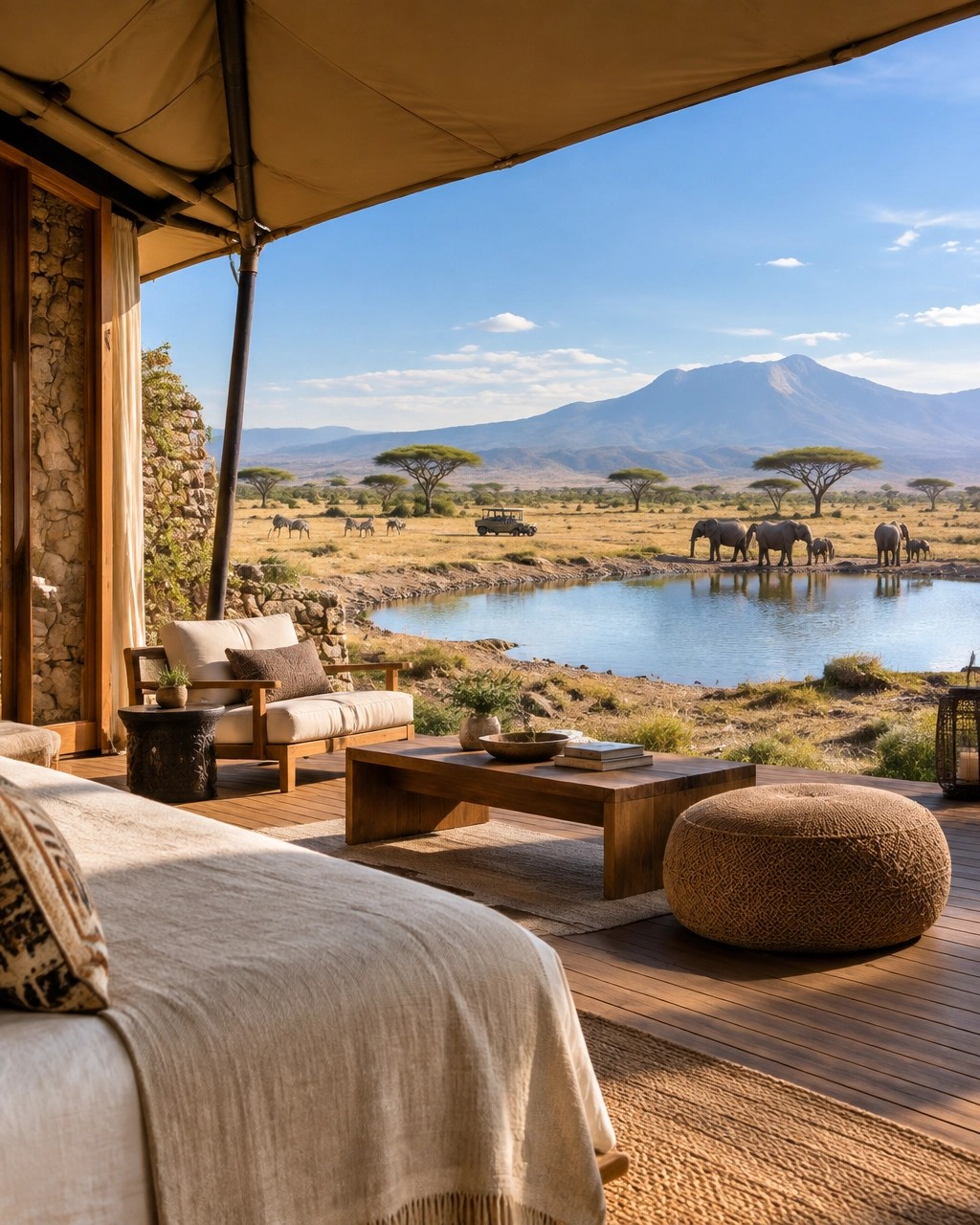 African wilderness lodge overlooking a quiet savannah waterhole with distant mountains