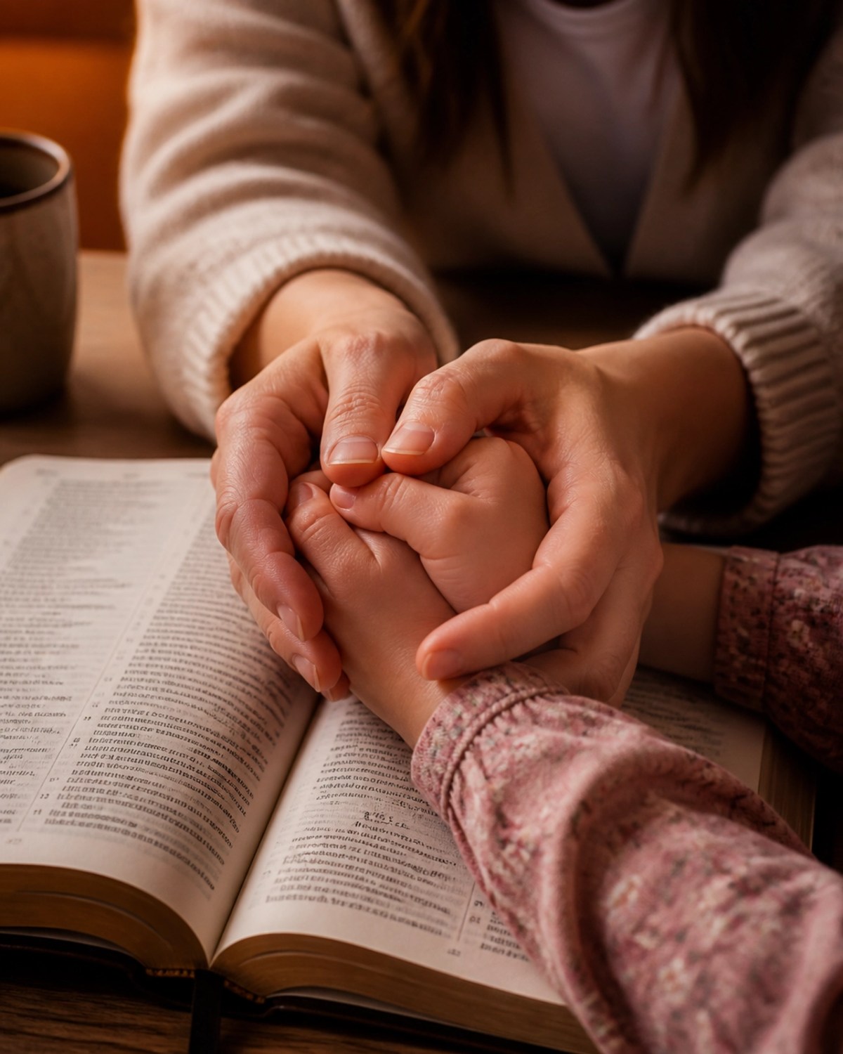 A mother holding a childs hand over a Bible