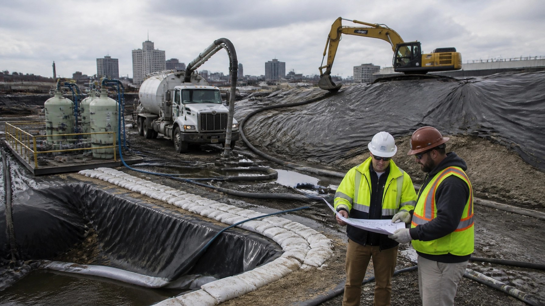 Active brownfield remediation execution with lined soil stockpiles, dewatering treatment equipment, and field coordination