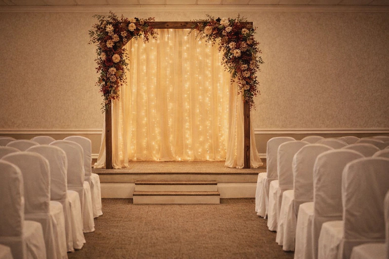 Fall ceremony arbor with burgundy dahlias and chrysanthemums in Price Creek Event Center’s indoor ceremony room in Amana, Iowa