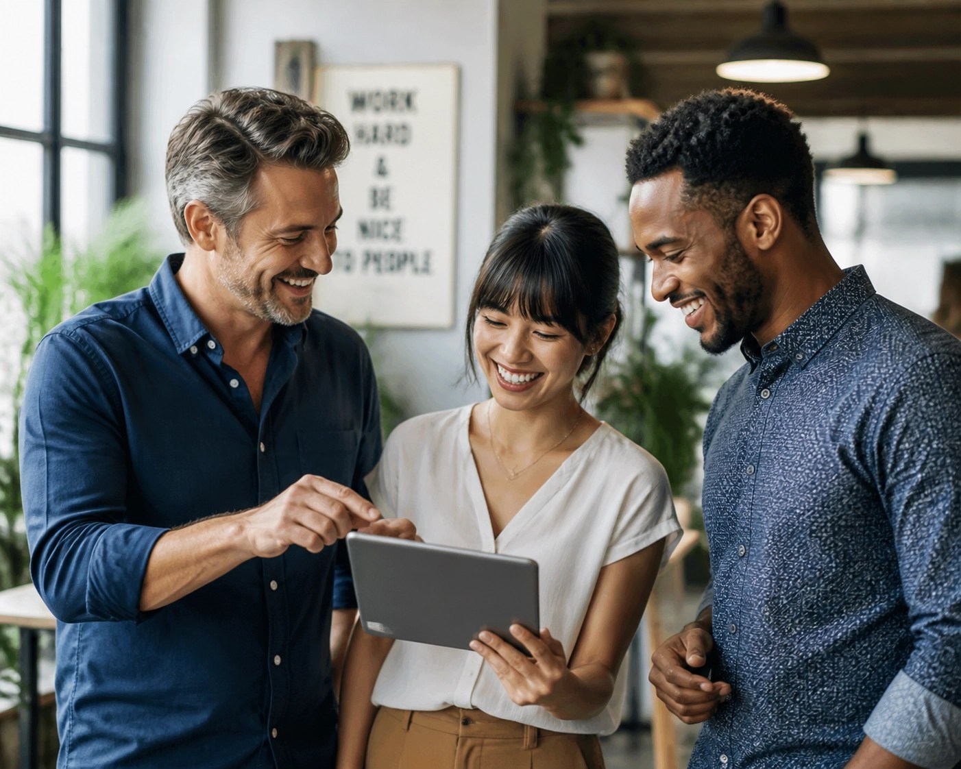 Happy small business team in a modern office enjoying employee benefits and group health coverage.