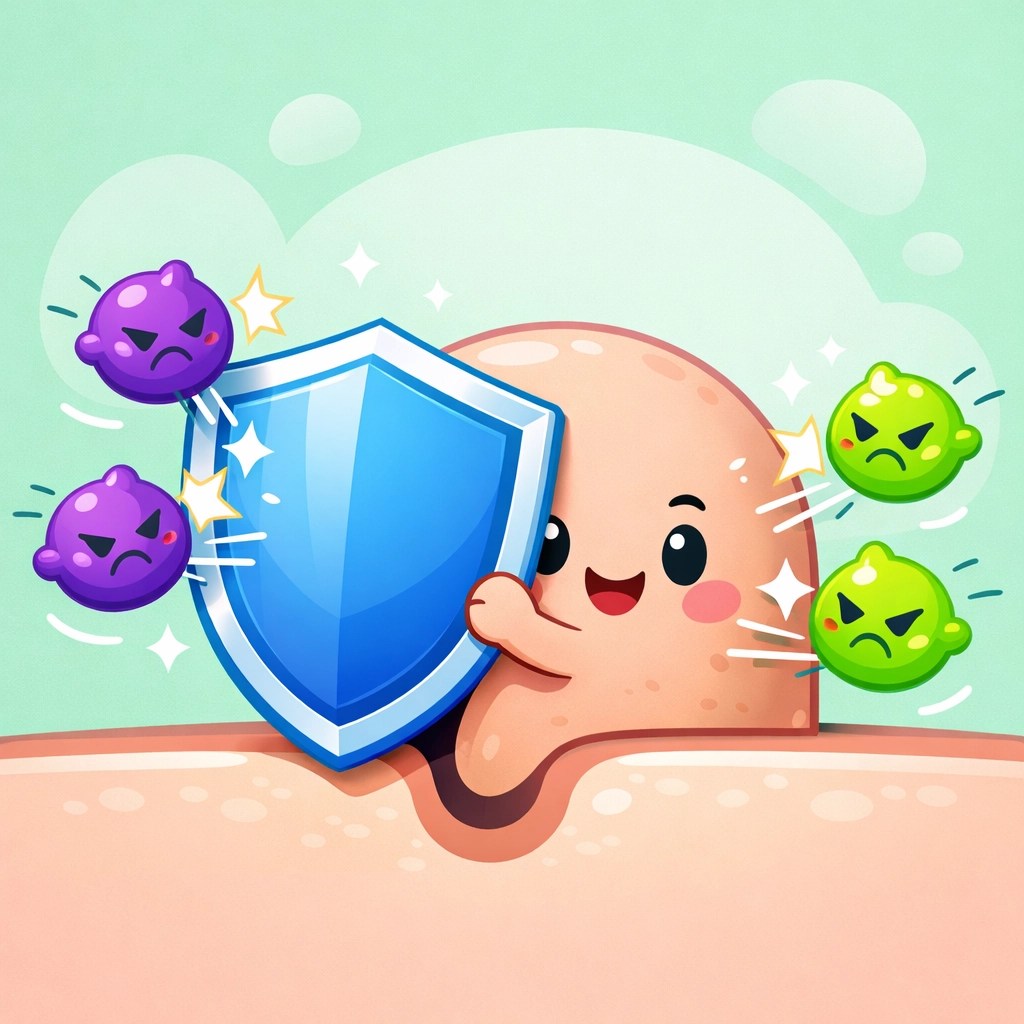 Cartoon illustration of skin protection using safe, natural deodorant for women to block toxins.