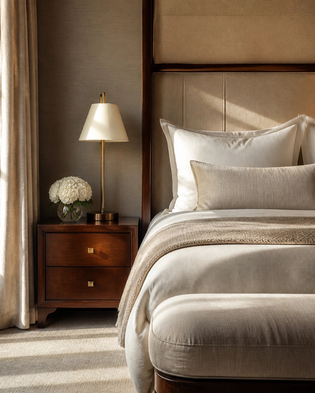 Polished hotel guest room with layered neutral textiles and warm natural light
