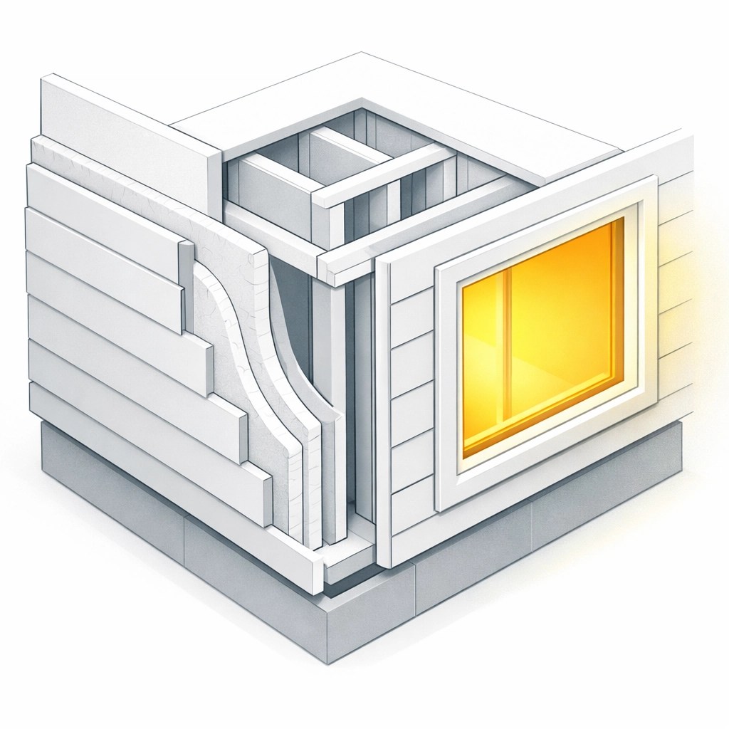 Detailed illustration of high-quality, energy-efficient materials in a modern new home build.