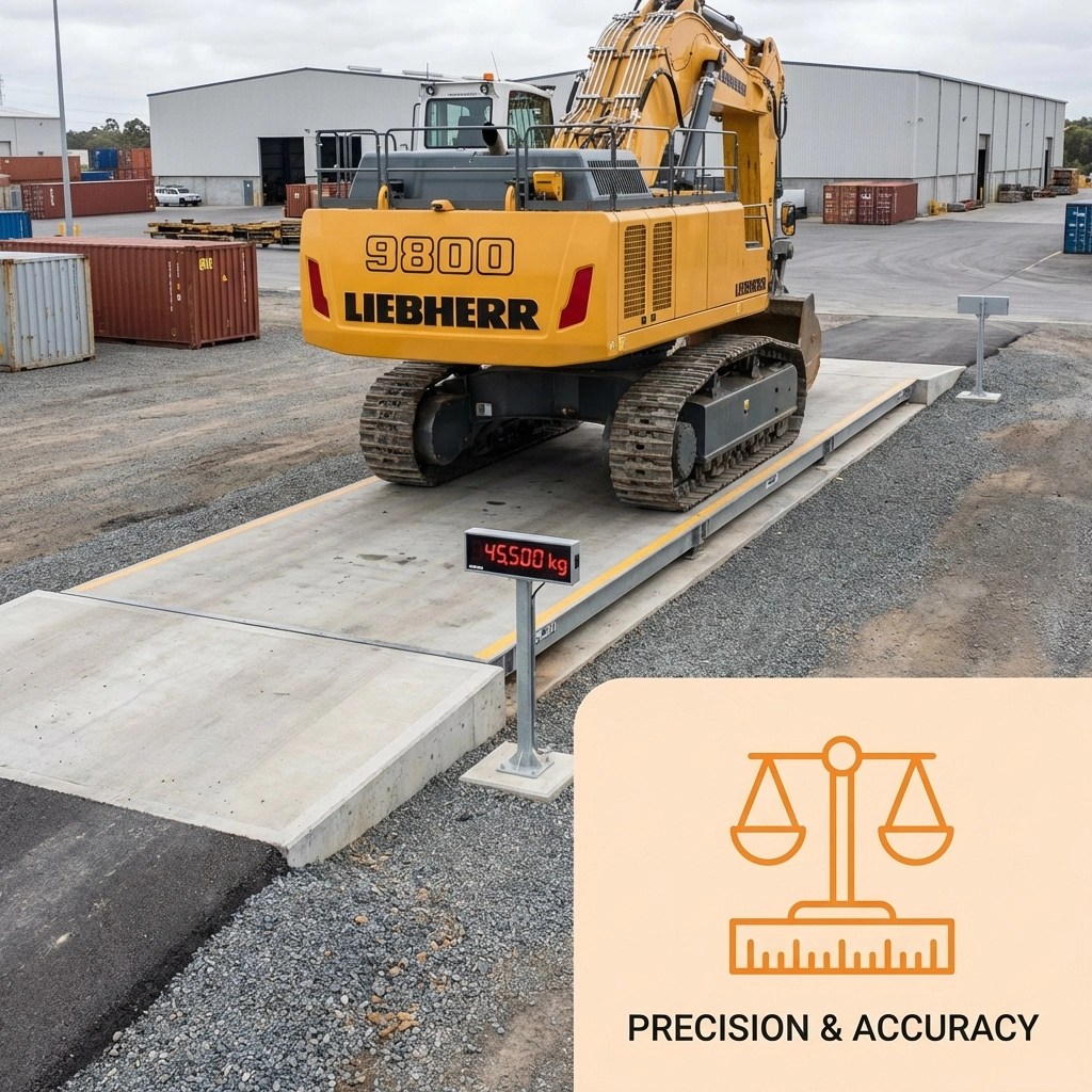 Large yellow excavator being precisely weighed on truck scales at shipping yard for heavy haul equipment accuracy