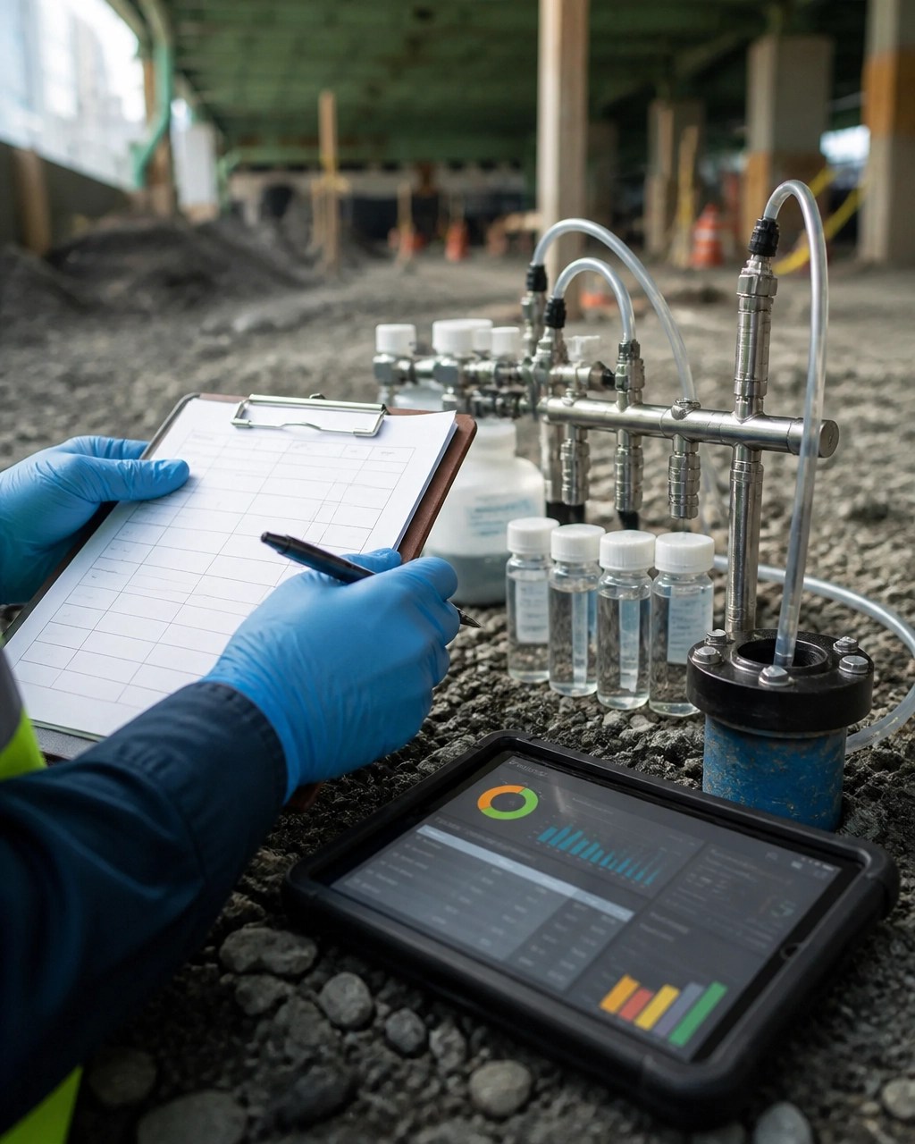 Field-level NJDEP compliance review with groundwater sampling equipment and environmental data tablet