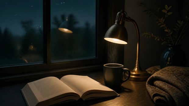Open book and coffee beside a softly glowing brass lamp at blue hour