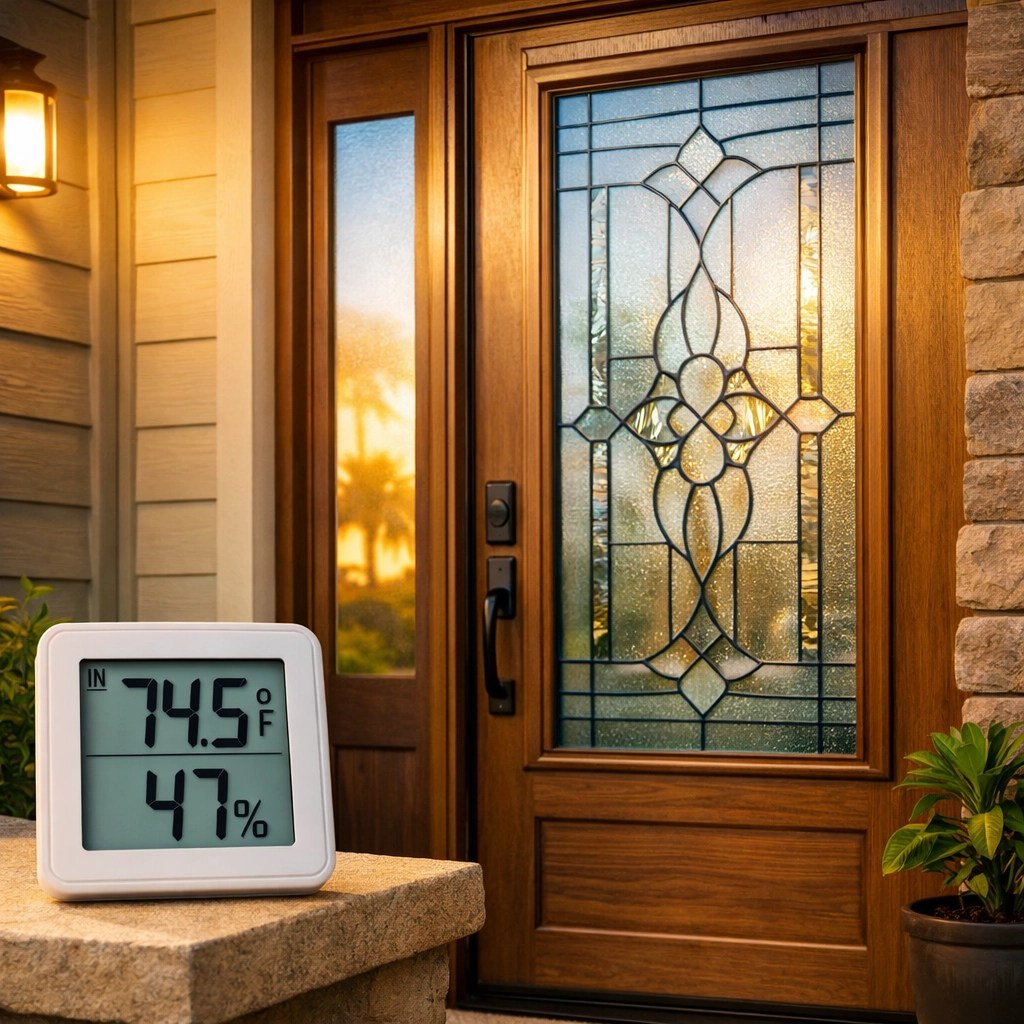 Energy-efficient front door glass insert reducing heat in Florida home