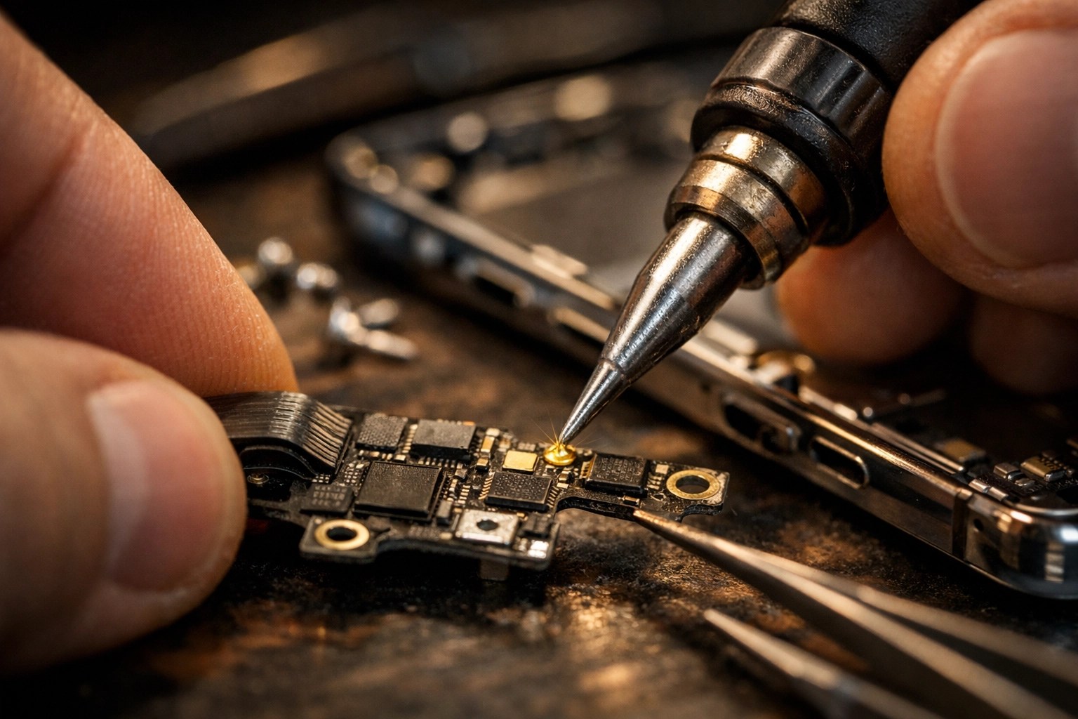 A technician microsoldering an iPhone circuit board, showcasing advanced skills for professional phone repair near me.