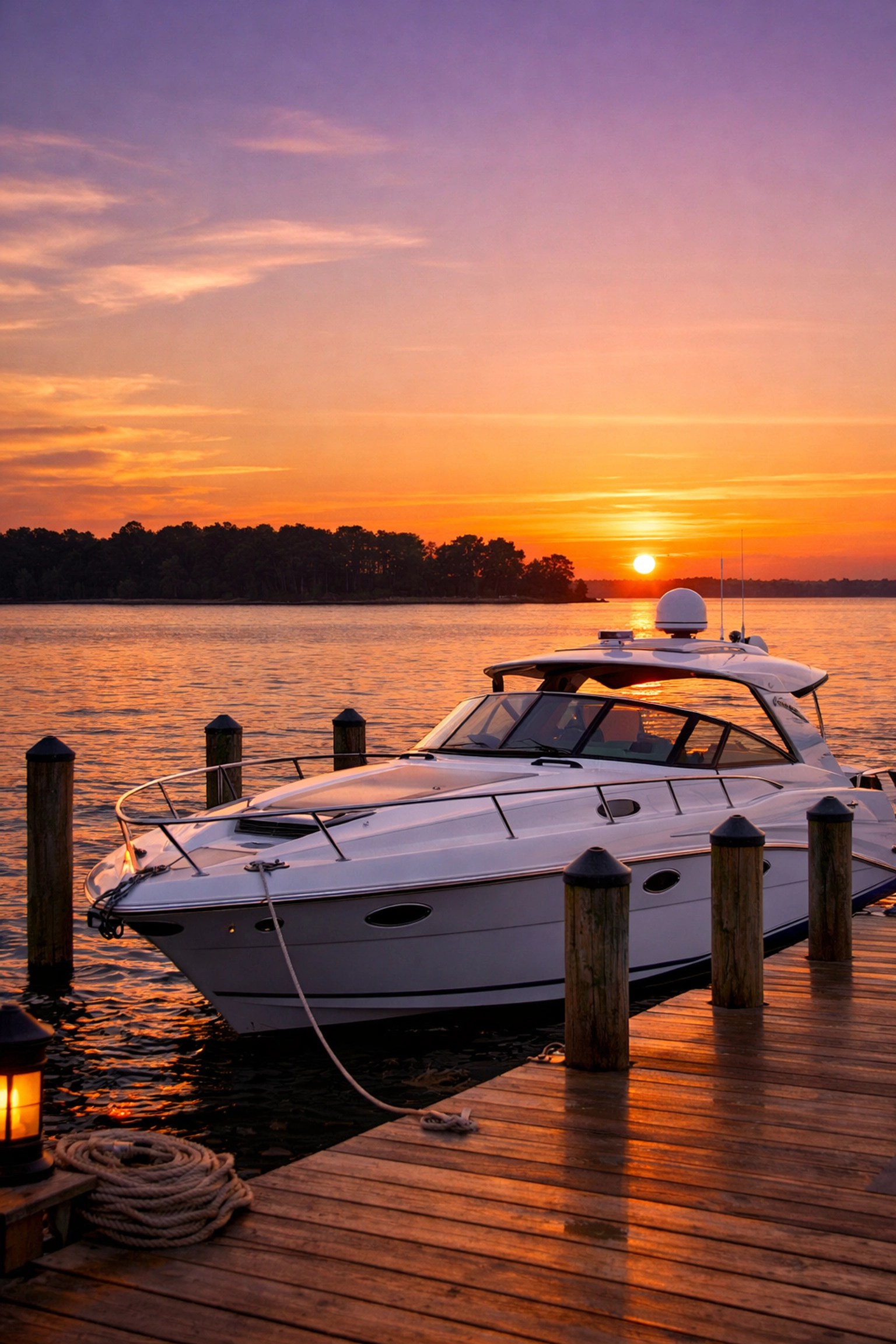 Scenic waterfront living in Essex, MD featuring a motorboat docked at a private pier during sunset.