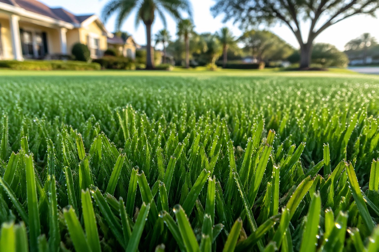 A professional macro photograph taken at a ground-level perspective, showing a healthy St. Augustine grass lawn in Florida. The grass is a vibrant, deep emerald green, perfectly mowed to a uniform height of 4 inches. You can see individual blades of grass with clean, sharp cuts at the tips, glistening with early morning dew. In the background, the soft bokeh of a sunny suburban Jacksonville landscape creates a fresh, morning atmosphere.
