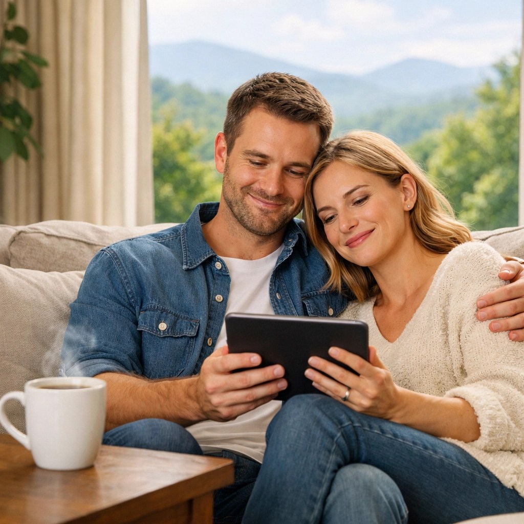A North Georgia couple comfortably reviewing their life insurance plan on a tablet in their home.