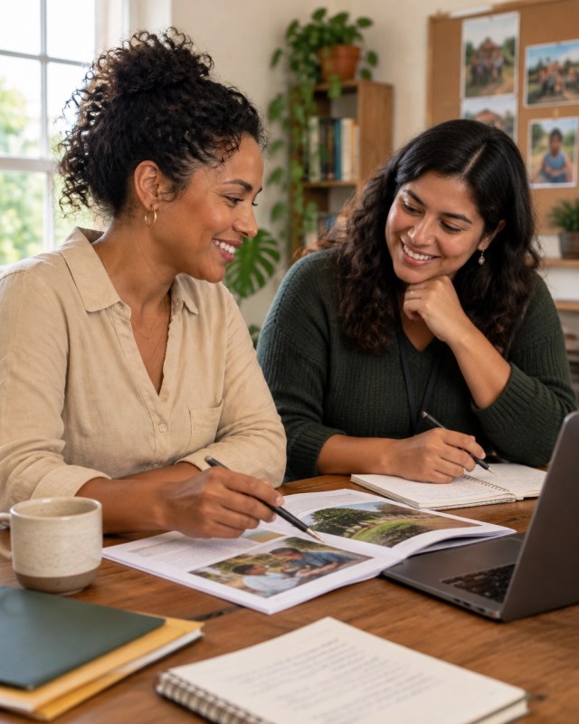 Nonprofit staff reviewing an impact report and grant notes together