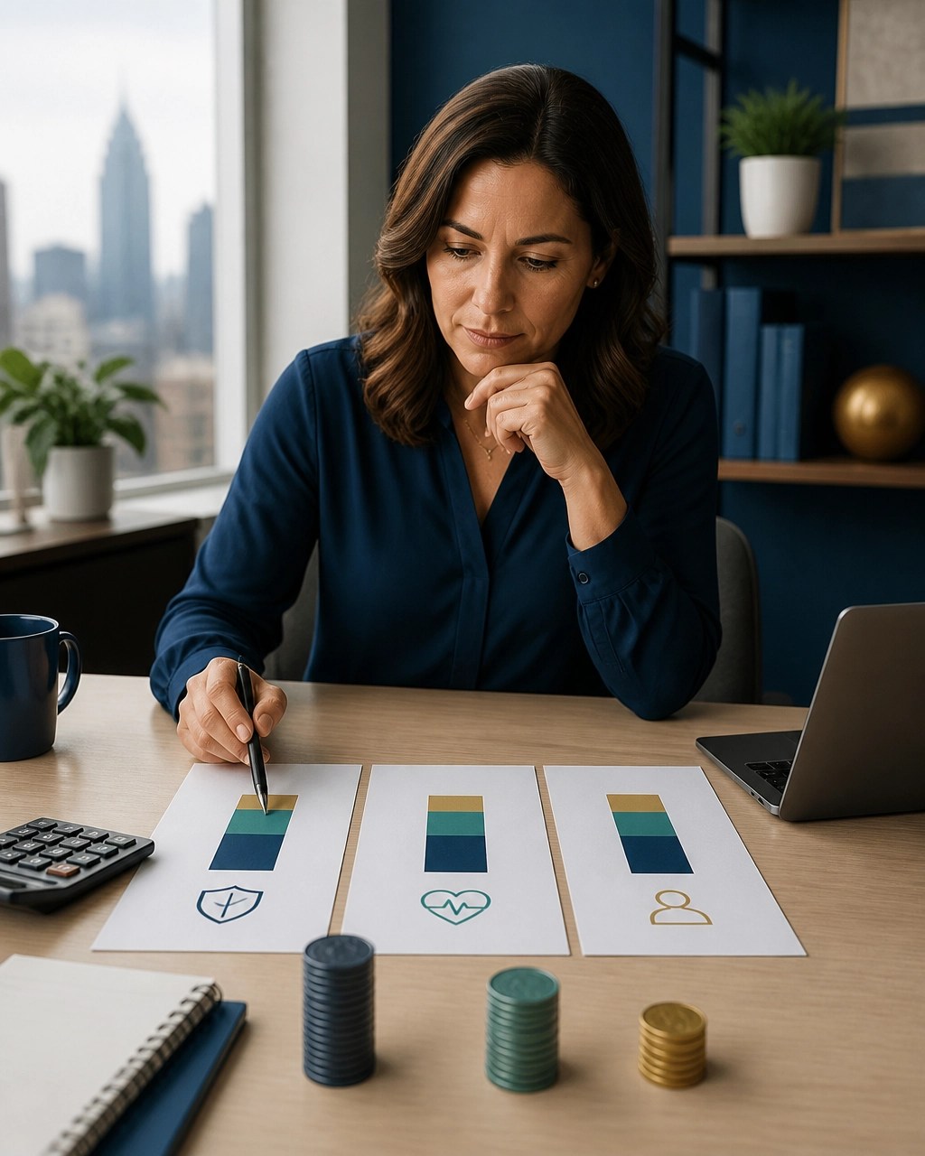 New York small-business owner comparing health plan costs with a budget worksheet and calculator
