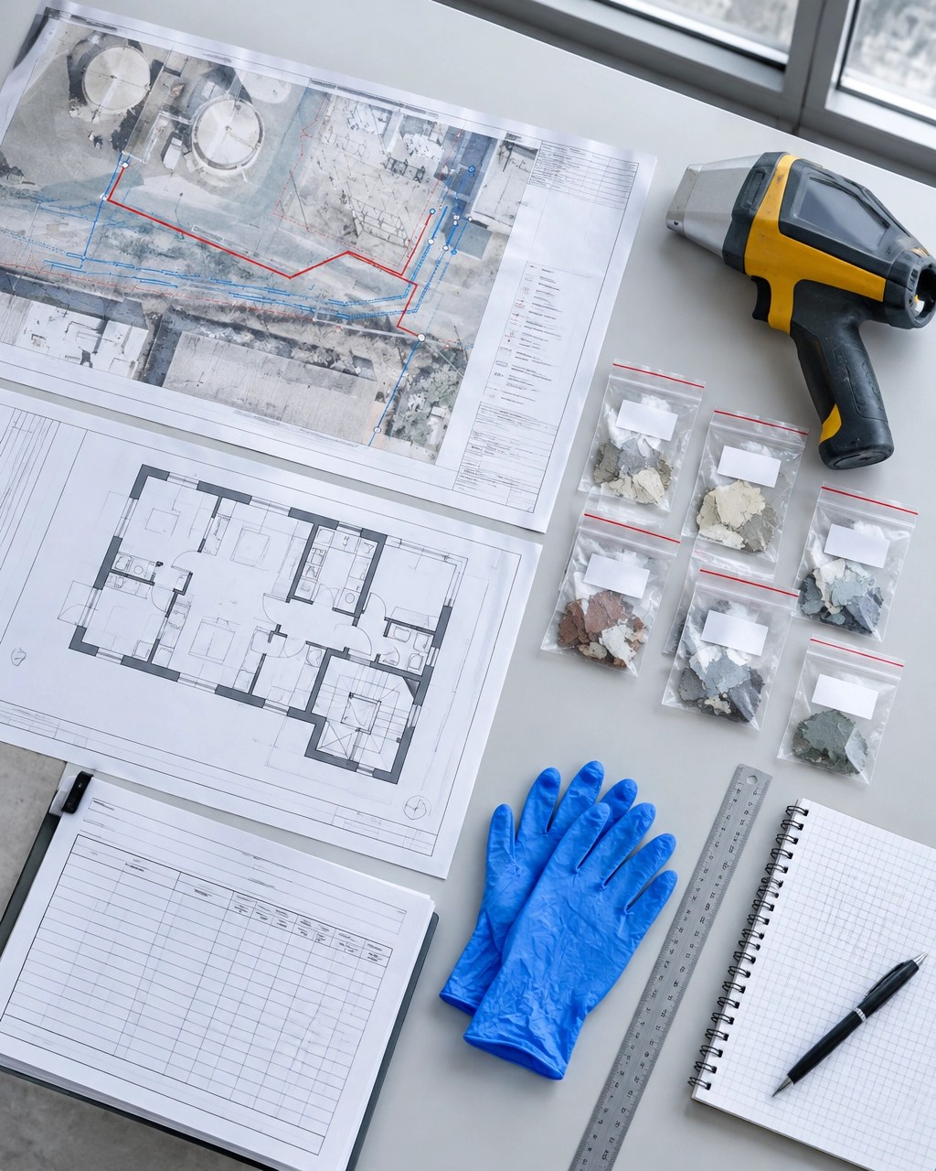 Technical lead paint field documentation with XRF equipment, sample bags, floor plans, and chain-of-custody materials
