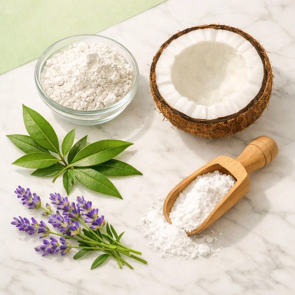 Natural deodorant ingredients including clay, coconut, baking soda, tea tree and lavender on marble