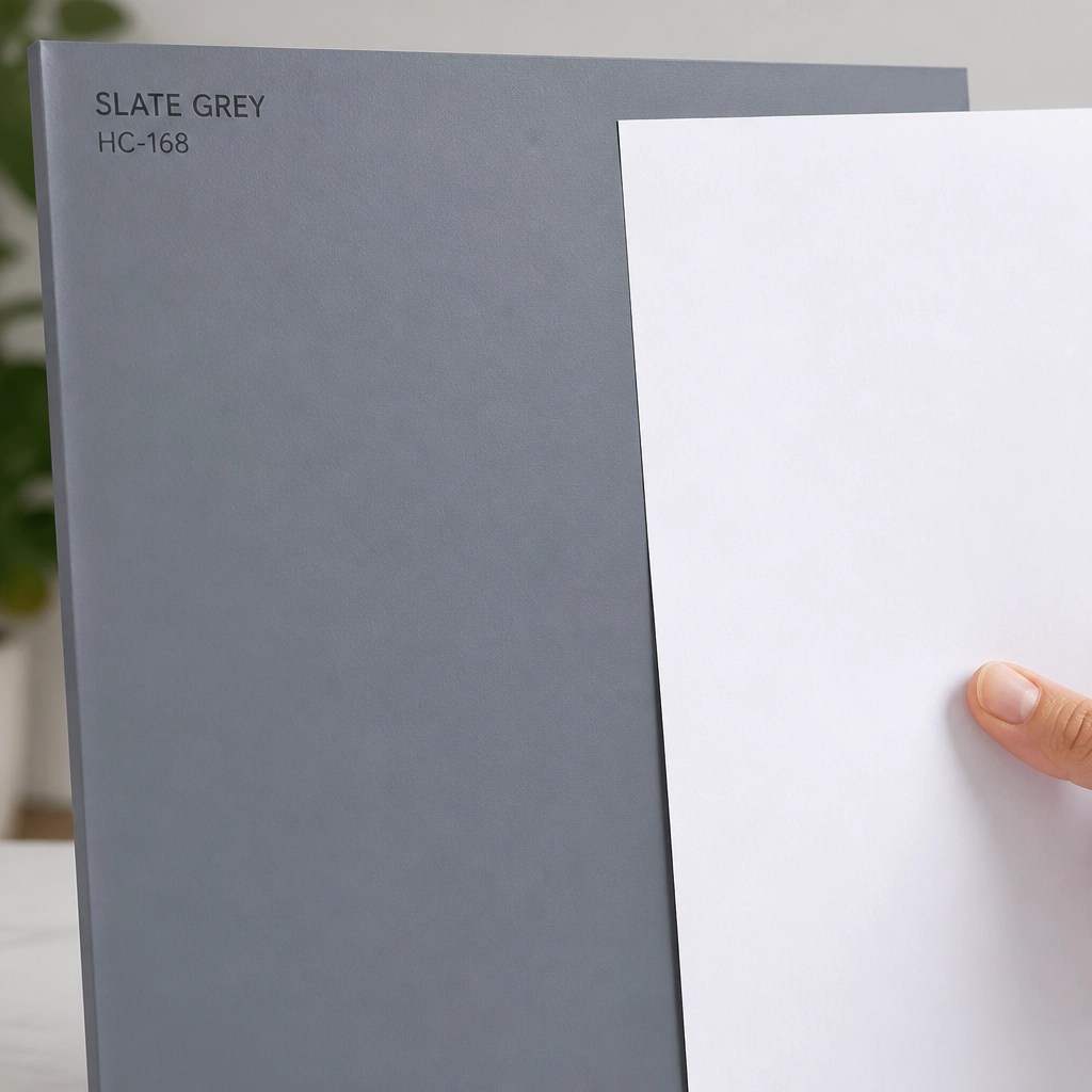 A large grey paint sample board being compared to a piece of white paper to reveal undertones