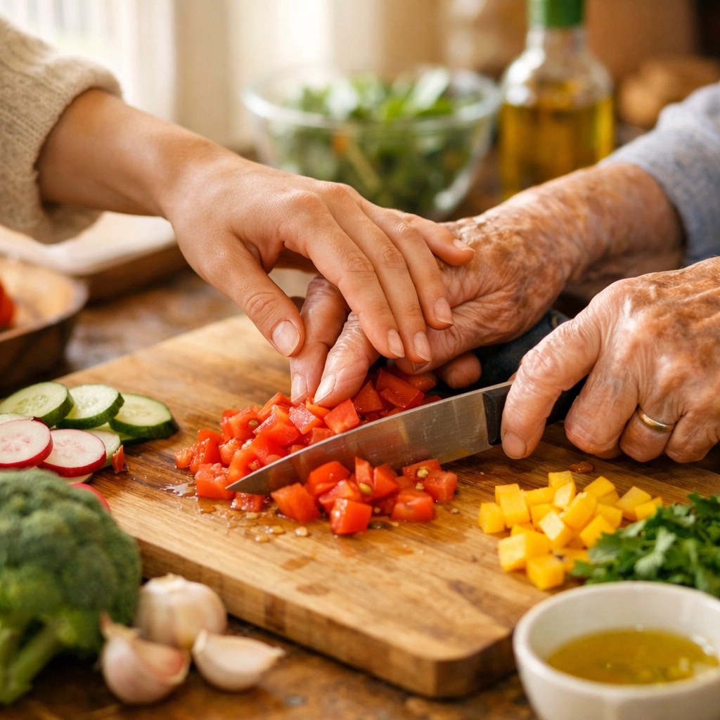 Family caregiver and senior preparing meal together showing paid caregiving partnership
