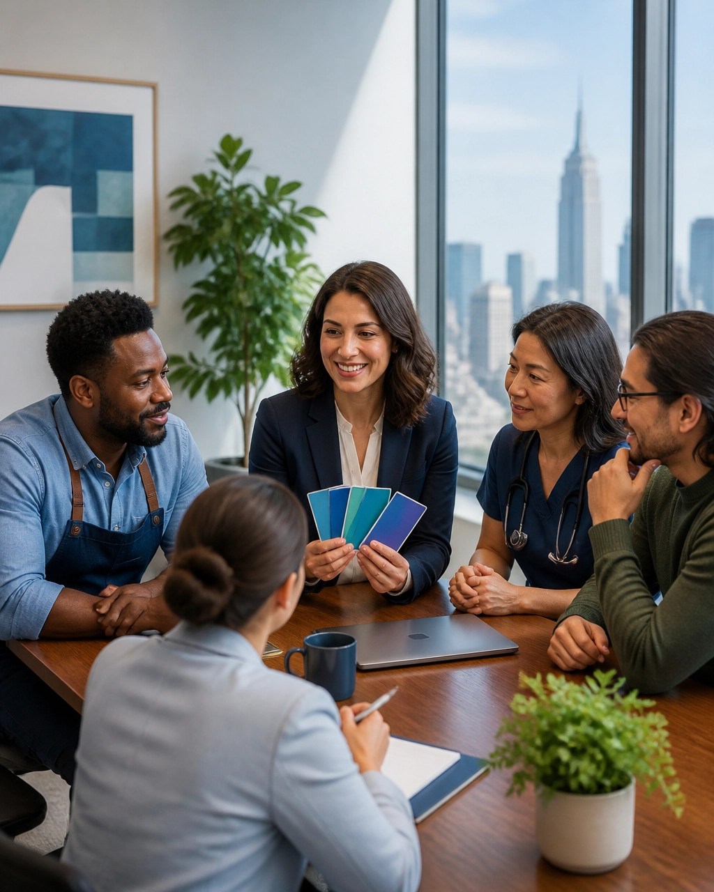 New York employees discussing HMO, EPO, PPO, and HDHP health plan options with a benefits advisor