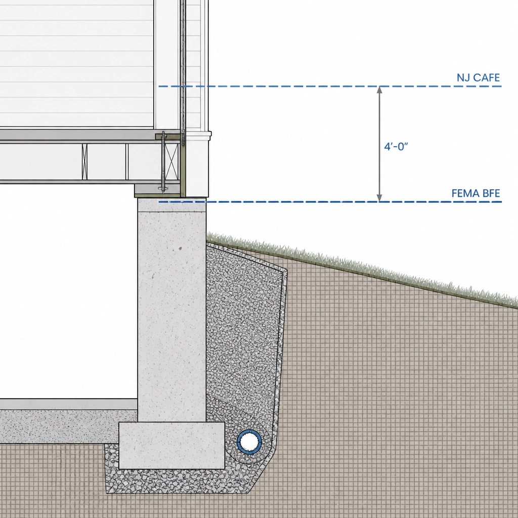 Technical diagram showing FEMA BFE vs NJ CAFE +4ft elevation