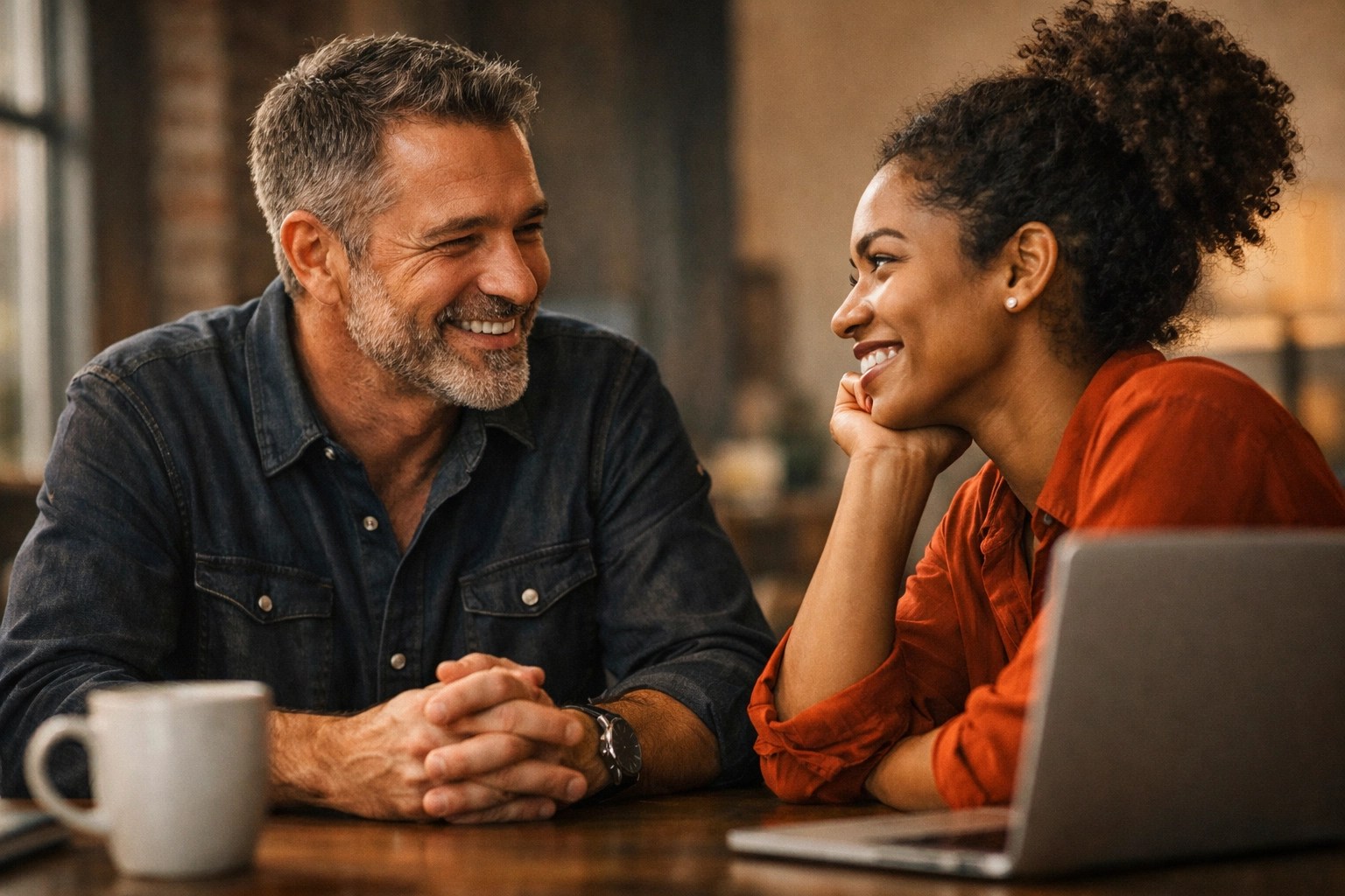 A New York business owner and employee discussing affordable health insurance plan compliance in Brooklyn.