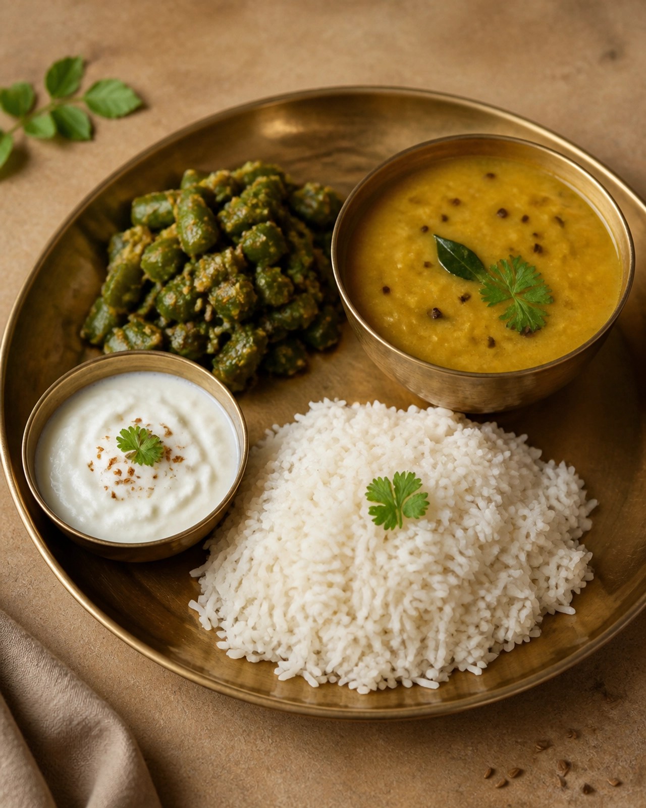A balanced Ayurvedic lunch with basmati rice, dhal, and sautéed vegetables, representing a nourishing midday meal.