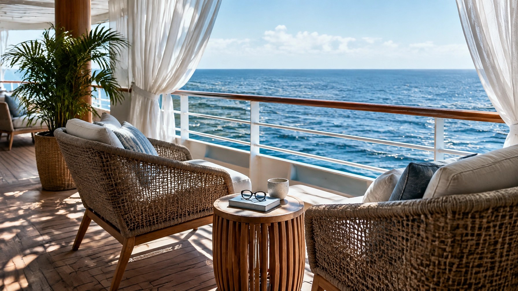 A shaded ship-deck reading nook with two empty chairs and calm blue water beyond