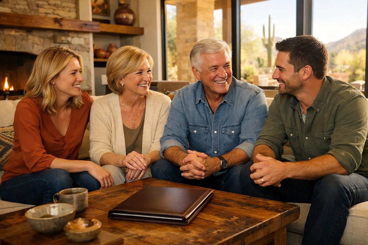 Multi-generational family in Casa Grande discussing estate planning documents in a peaceful living room.