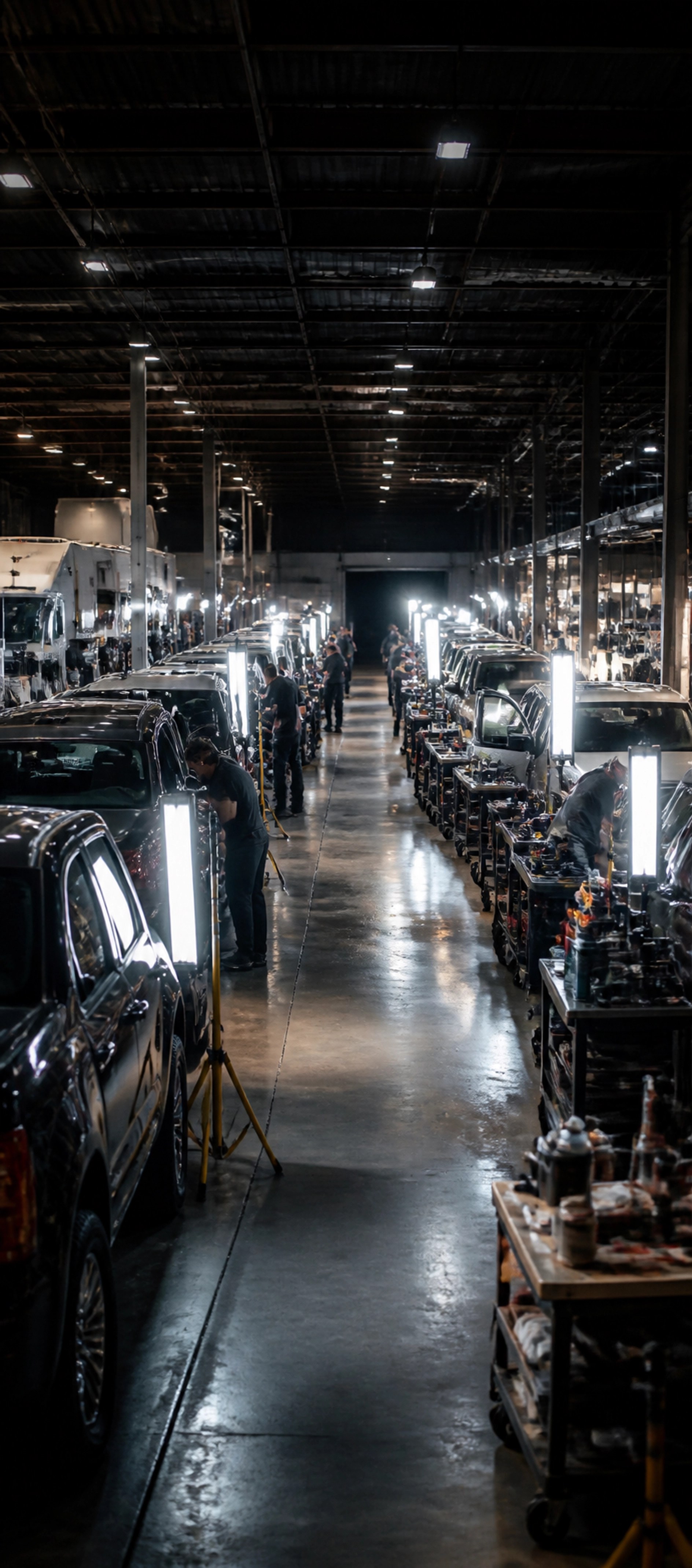 Professional PDR deployment hub showing coordinated large-scale hail repair in an organized automotive facility.