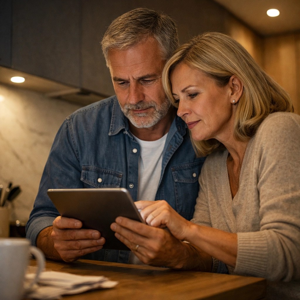 A mature couple analyzing their IUL policy loan balance on a tablet to prevent an insurance lapse.