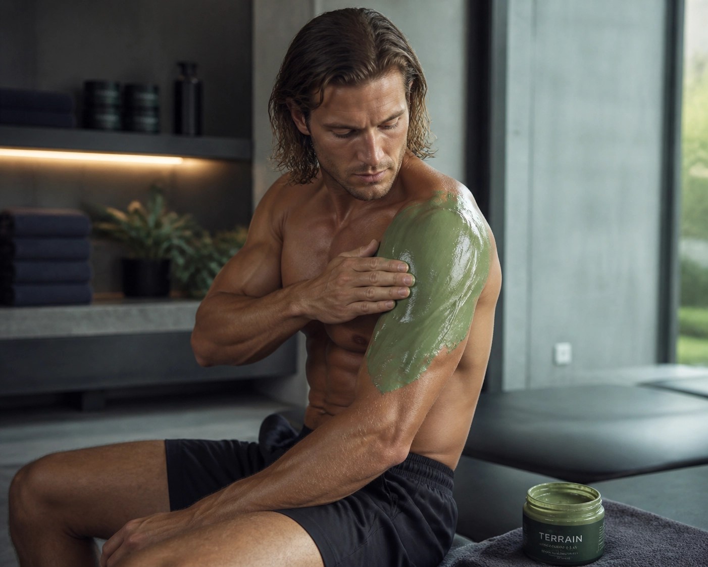 Athlete applying French green clay to sore shoulder for faster sports recovery and muscle repair.