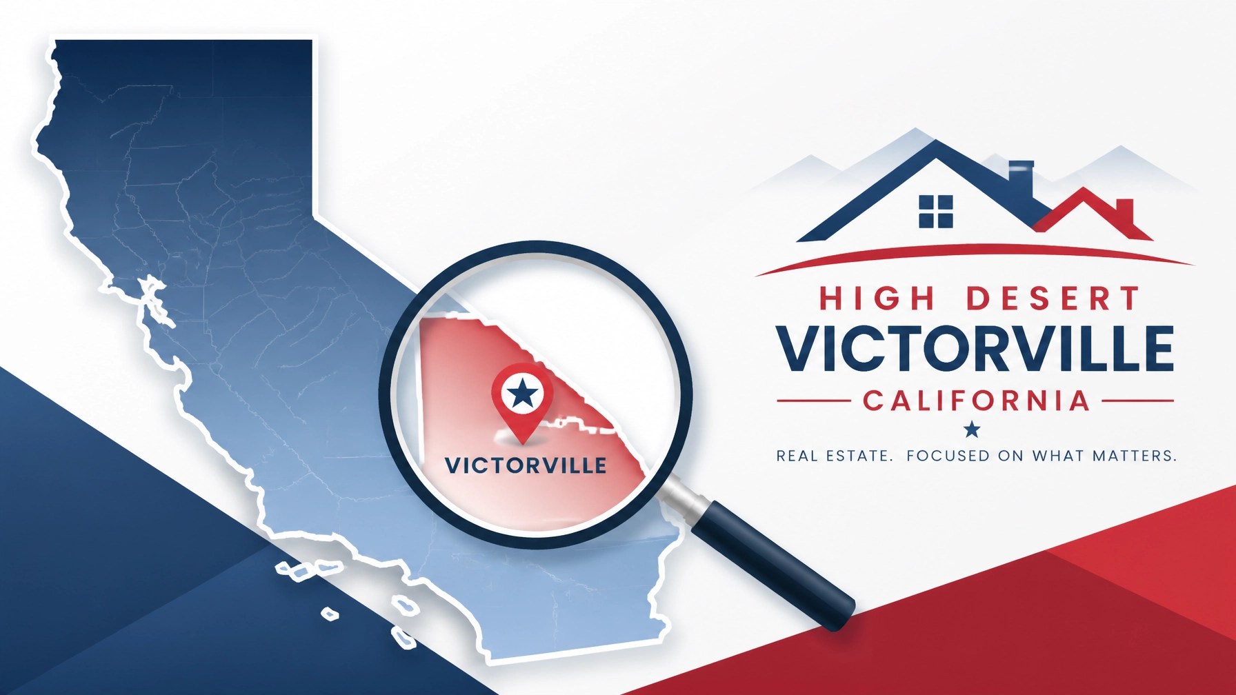 Stylized California map outline with a geometric magnifying glass over the High Desert Victorville region
