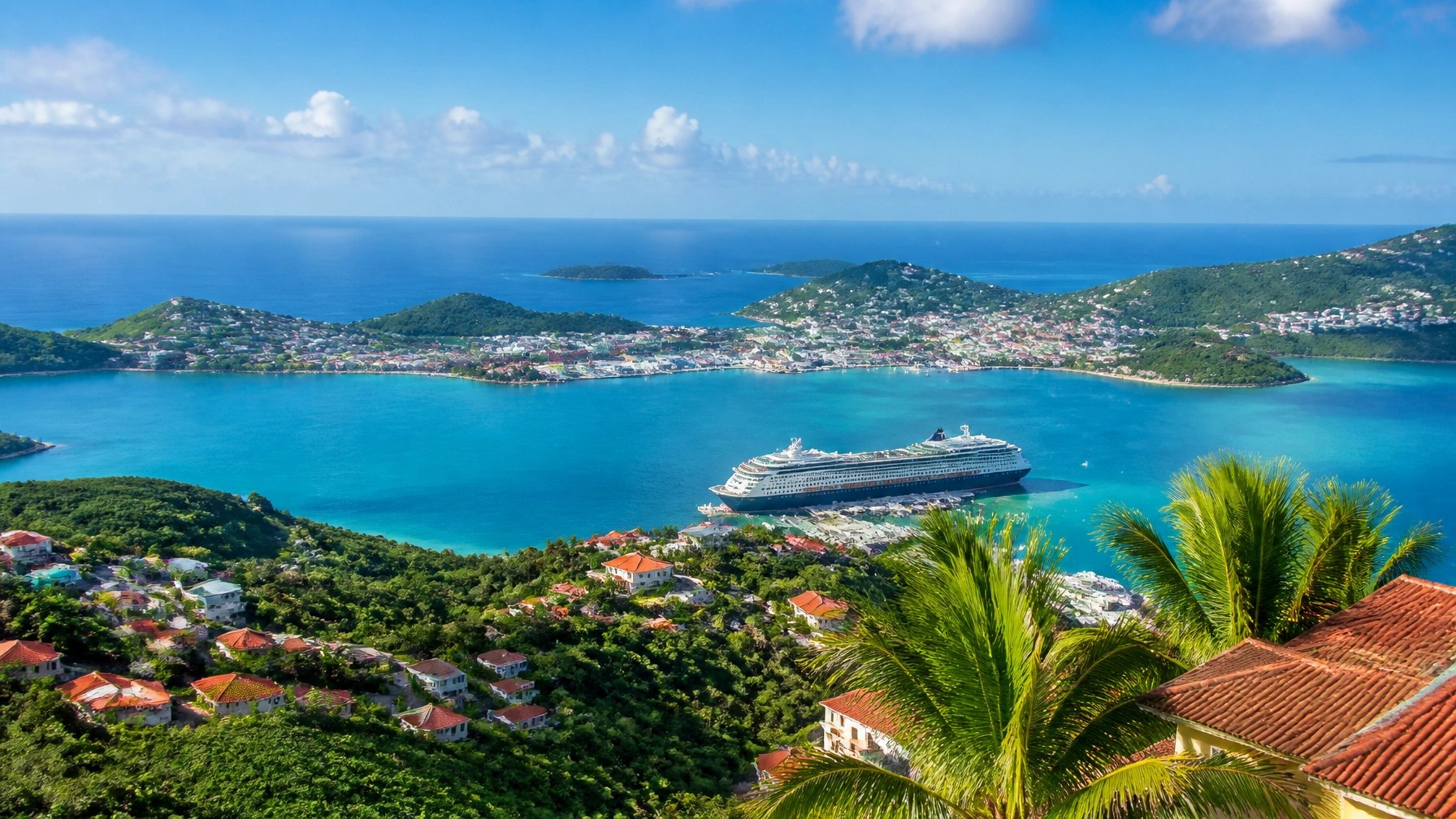 Panoramic elevated view over Charlotte Amalie harbor and the Caribbean Sea