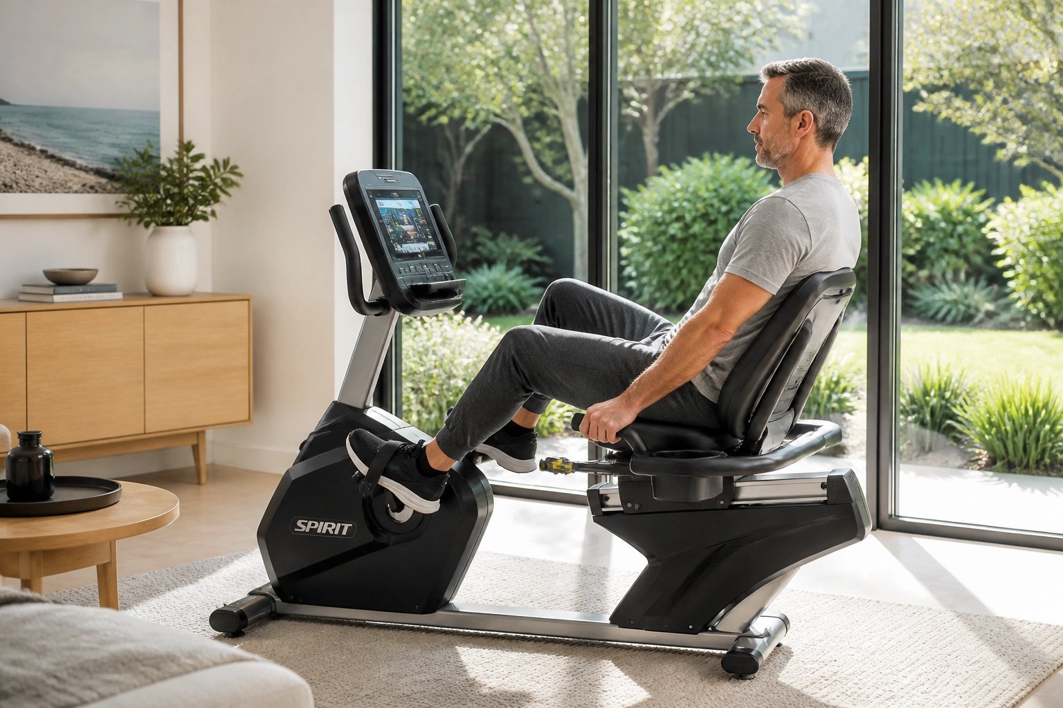 Person using hire fitness equipment for injury recovery in a sun-drenched Melbourne home gym.