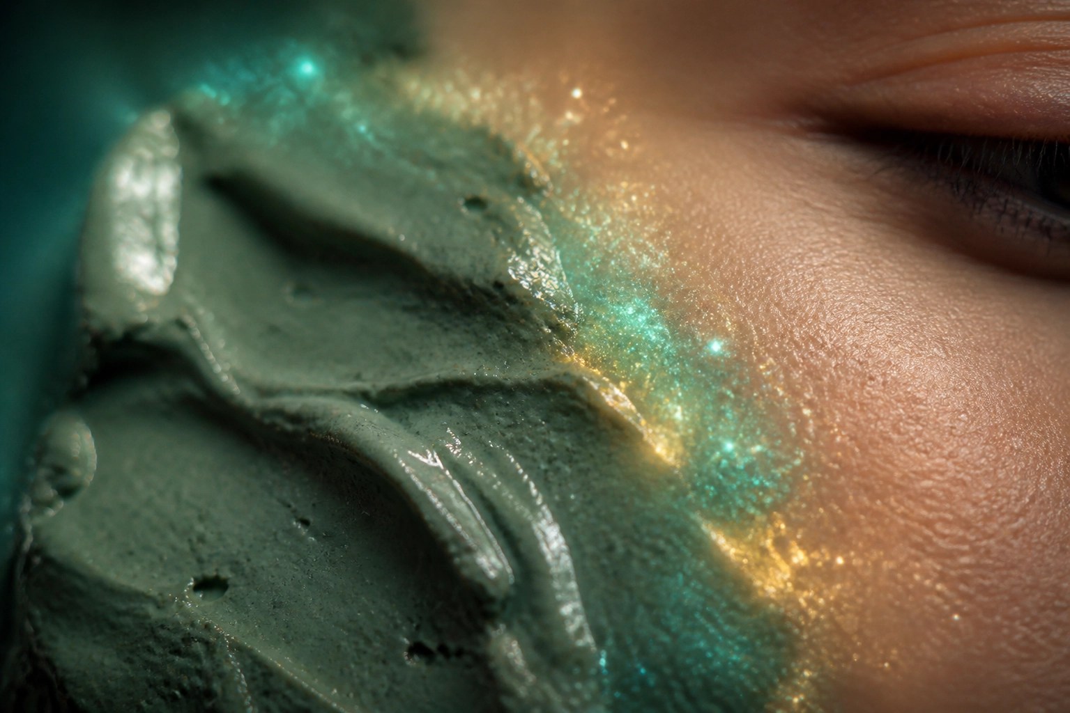 Macro view of French green clay on skin illustrating the mineral exchange for tissue repair.