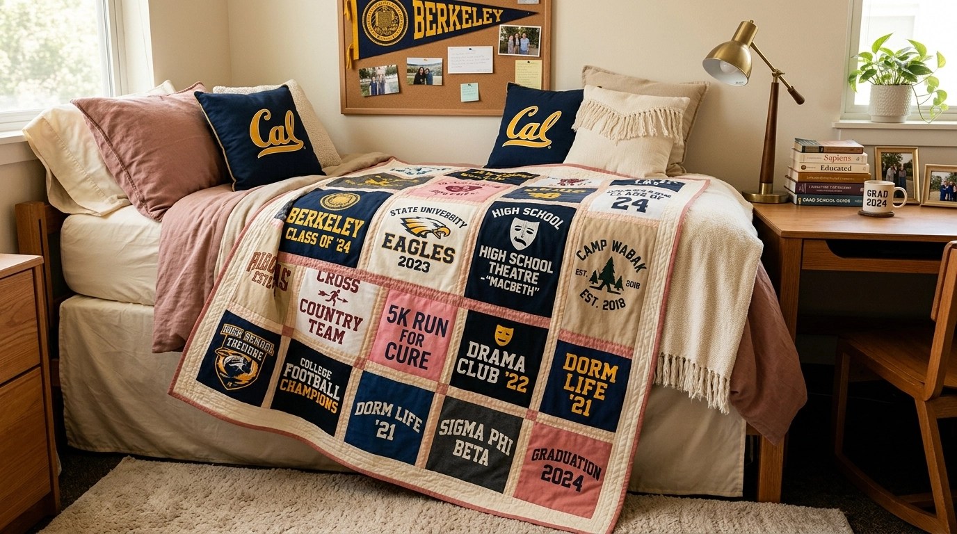 A warm lifestyle photo of a T-shirt memory quilt made from shirt logos displayed on a graduate's dorm bed with cozy decor and natural light.