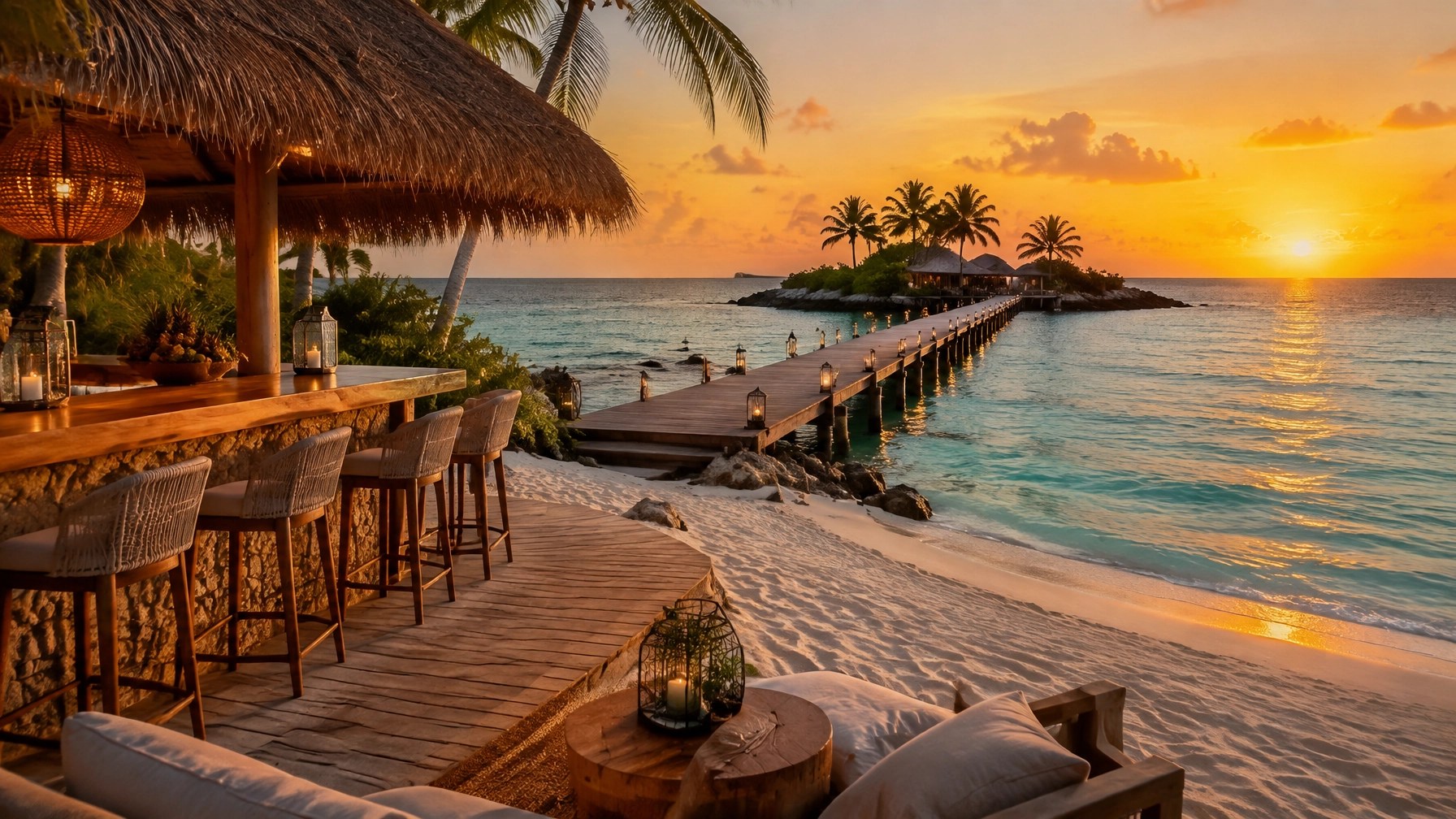 Golden-hour adults-only Bahamas beach with a private pier and offshore island