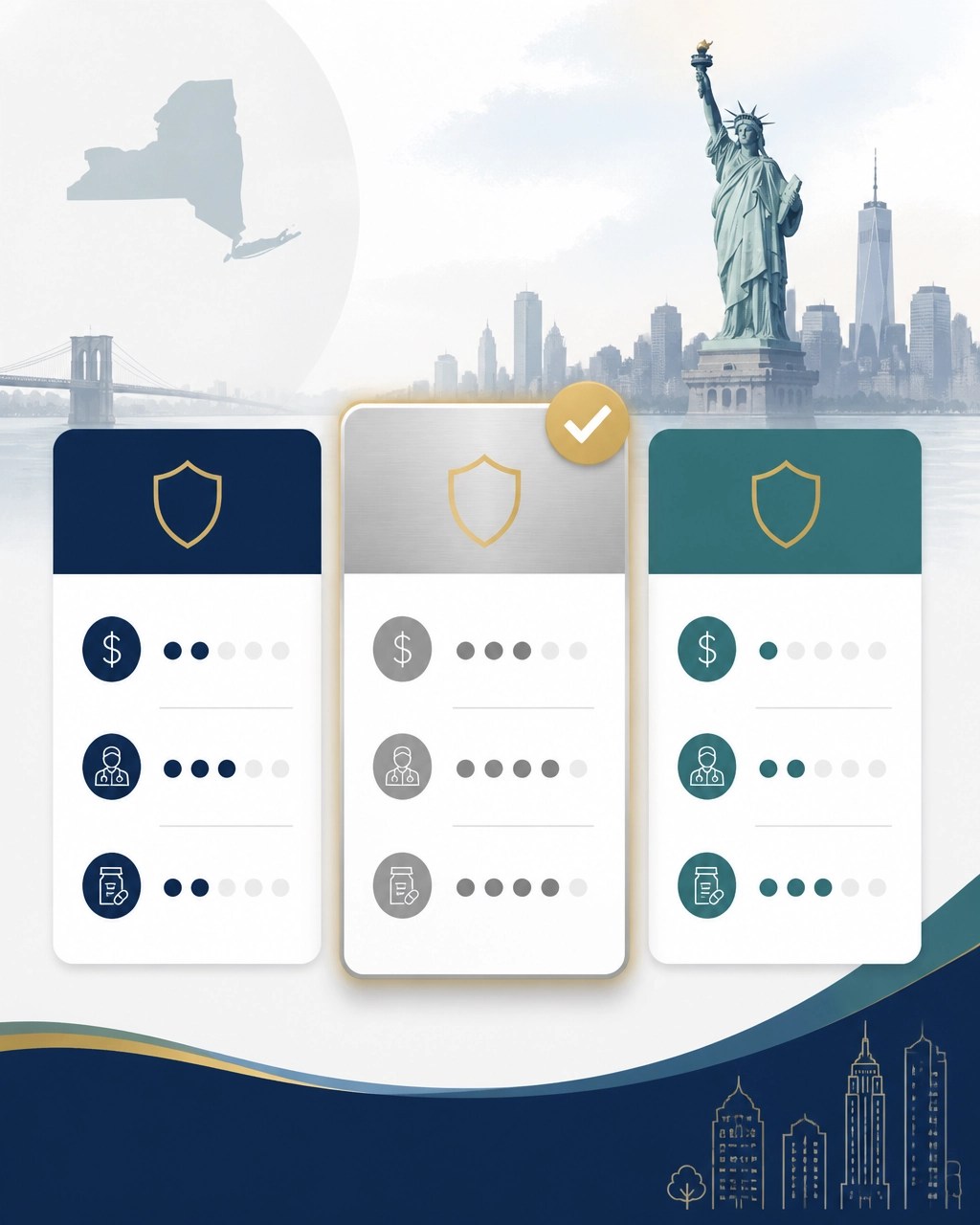 Abstract Qualified Health Plan comparison cards with a Silver plan highlighted for a New York resident