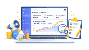 Laptop displays a marketing analytics dashboard with key metrics, growth charts, and performance data representing Prototype MKTG Studio’s data-driven and transparent approach.