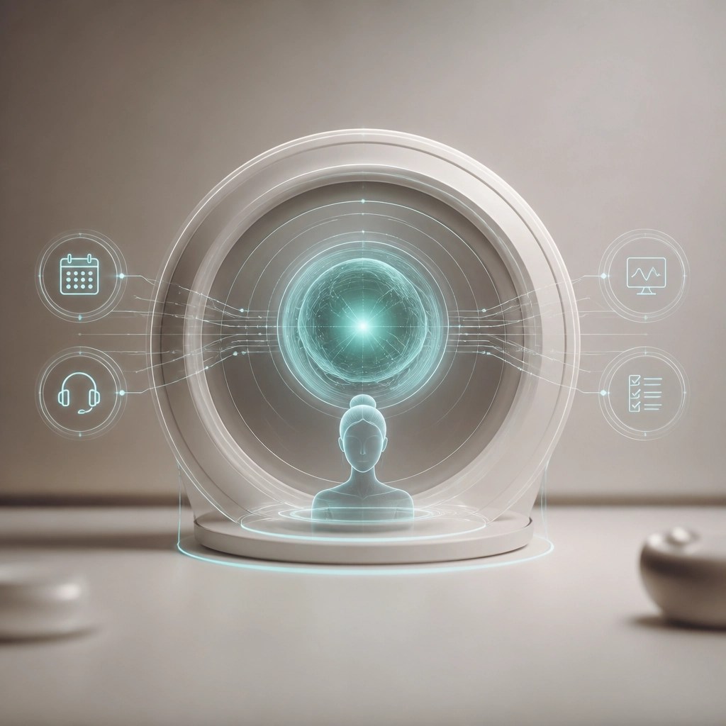 Nova represented as a calm, always-on AI operations assistant within a precise teal and cyan digital interface