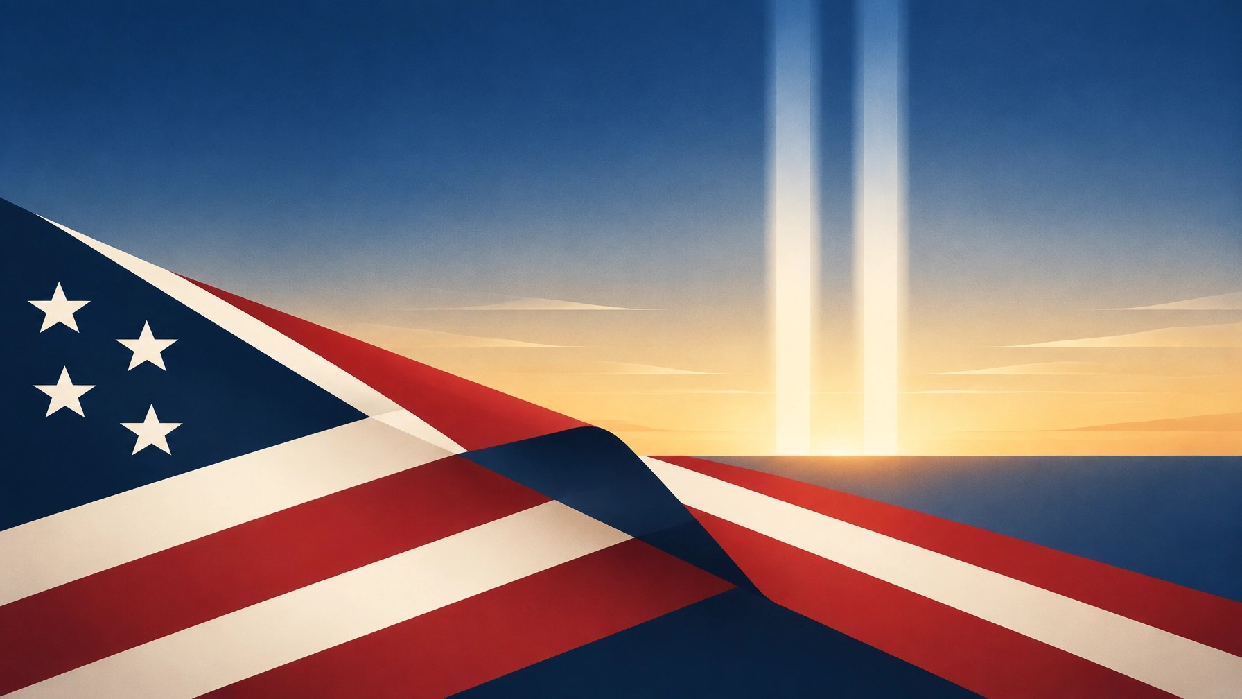 Dignified abstract memorial light beams and folded American flag in a calm dawn sky