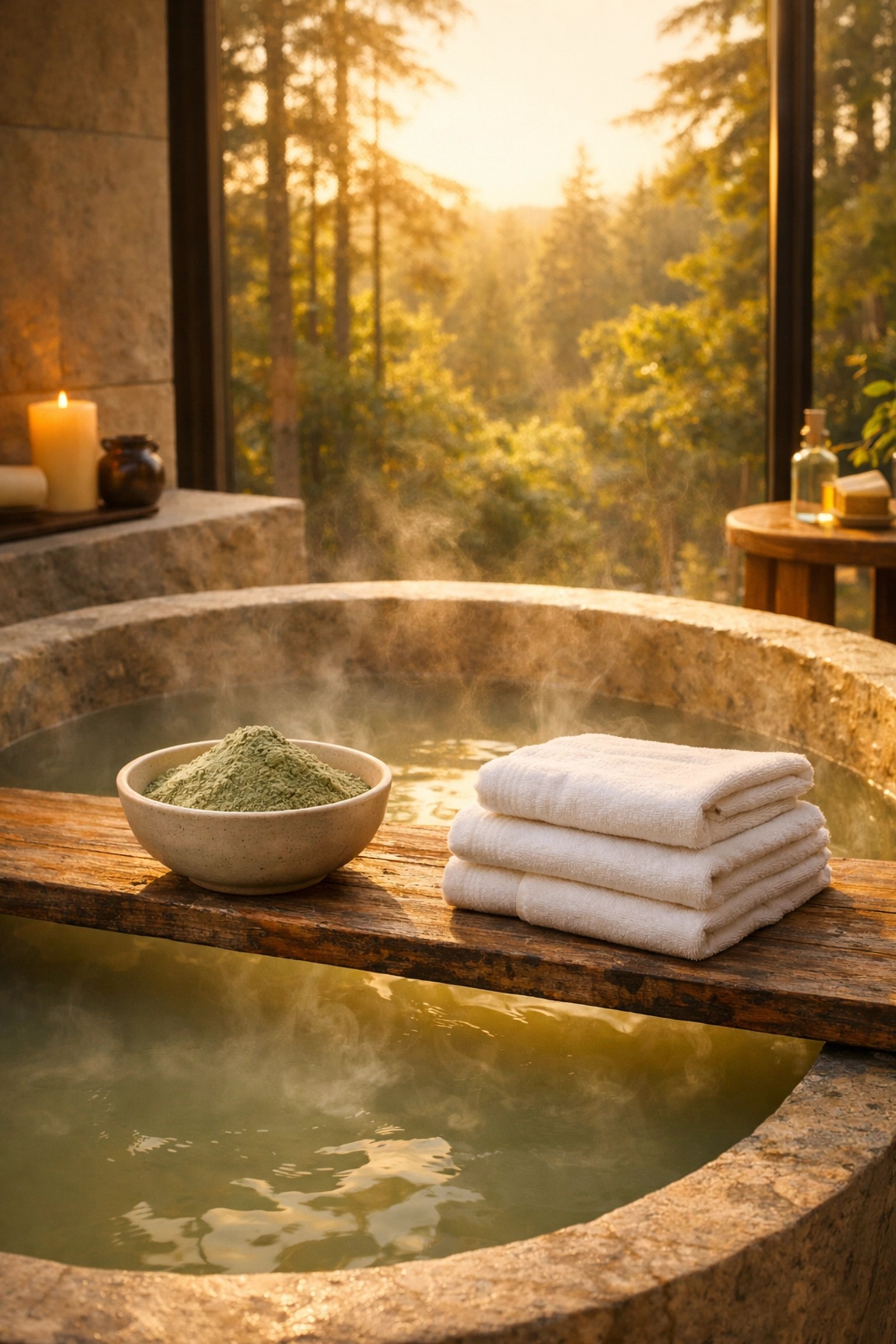 Relaxing French green clay bath in a stone tub designed for athlete recovery and natural detoxification.