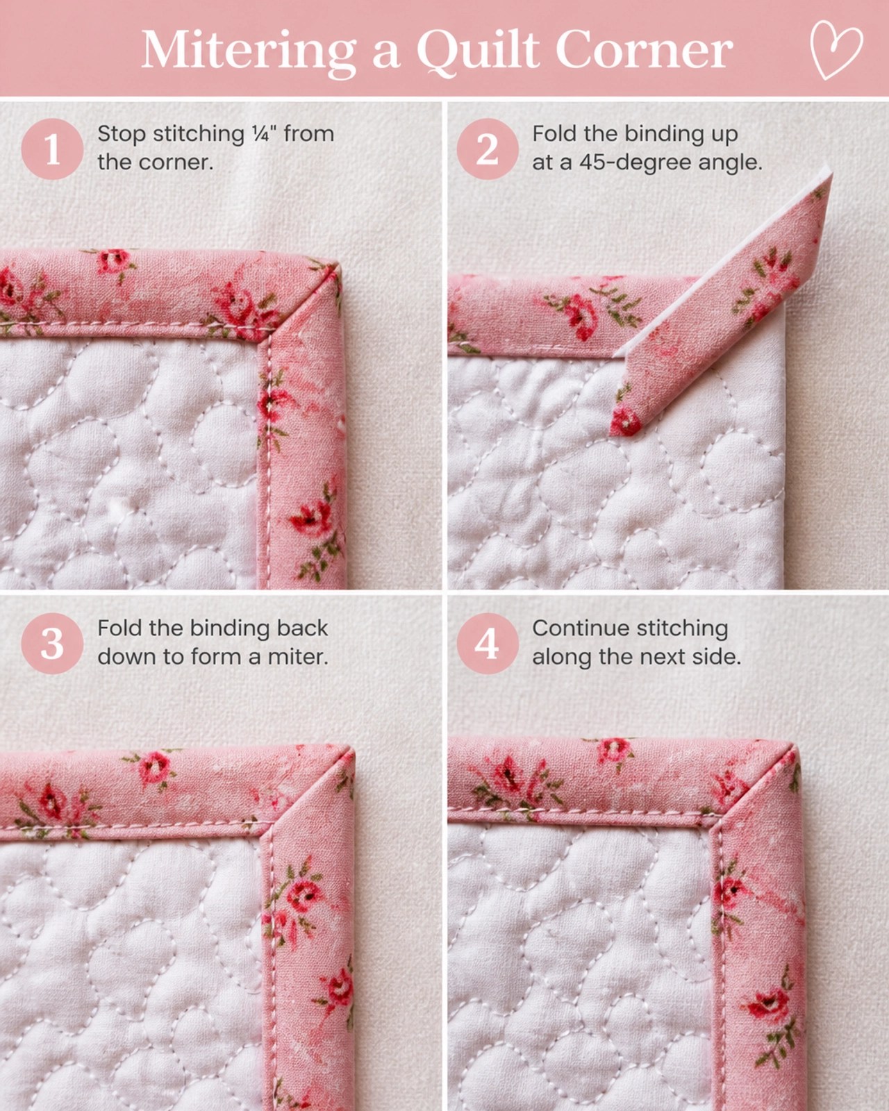 Detail showing the steps of a mitered quilt corner