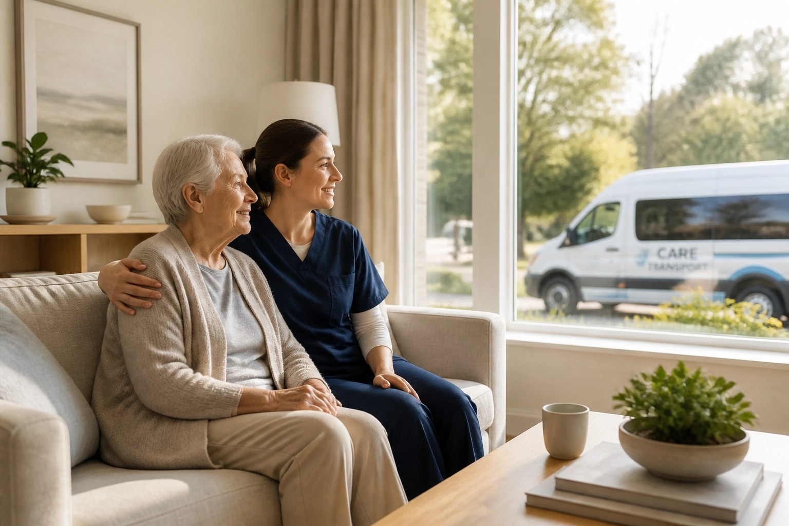 Elderly patient and caregiver waiting comfortably at home for their scheduled medical transportation.