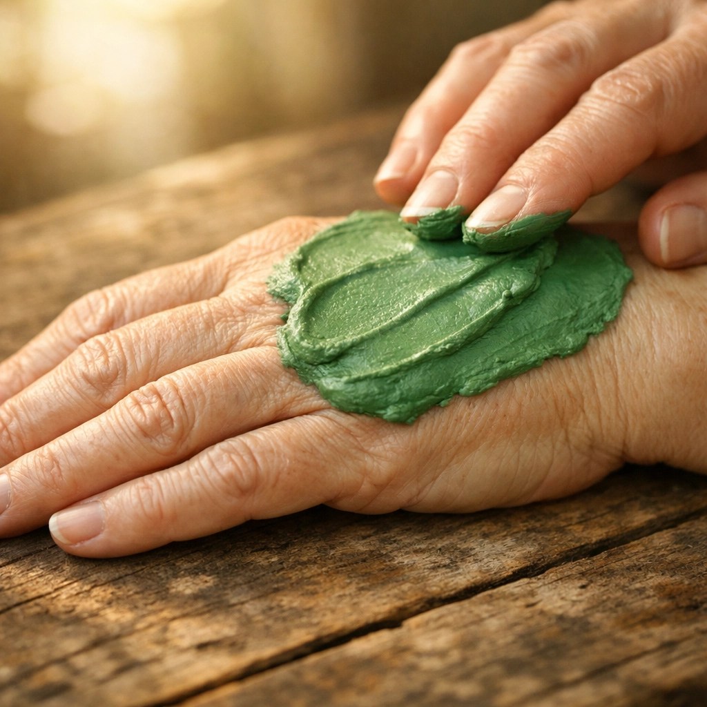 Applying mineral-rich French green clay to a senior's wrist to relieve arthritis and joint pain.