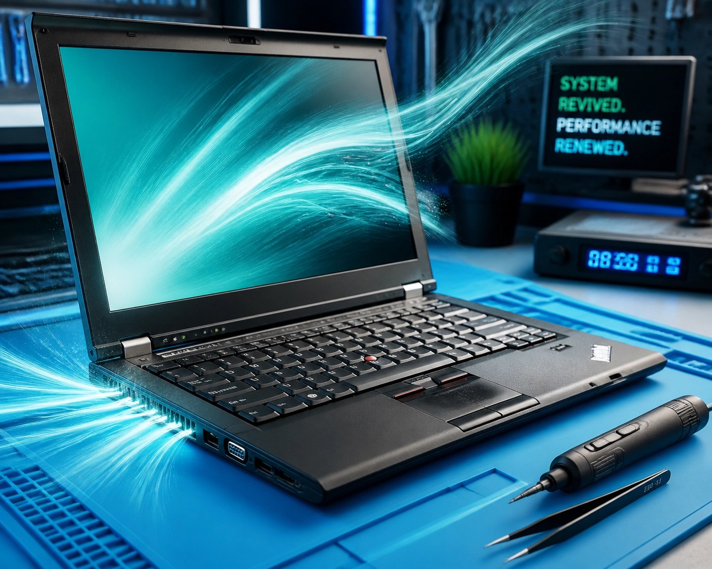 A revitalized older laptop on a blue repair mat with energy flowing out after a professional system tune-up.