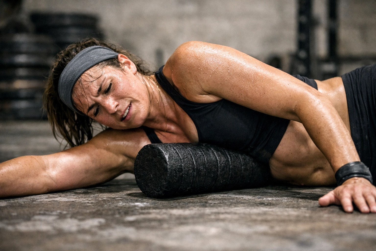 Female athlete foam rolling her lats to reduce muscle soreness and improve shoulder health.