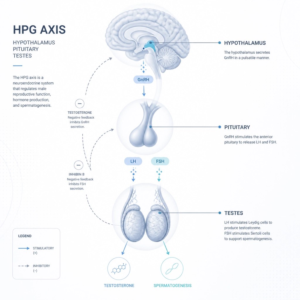 A minimalist and sophisticated scientific illustration of the HPG axis