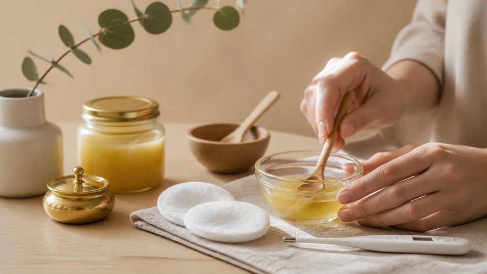 Preparación higiénica de ghee tibio, algodones nuevos y un espacio sereno para un ritual ayurvédico externo