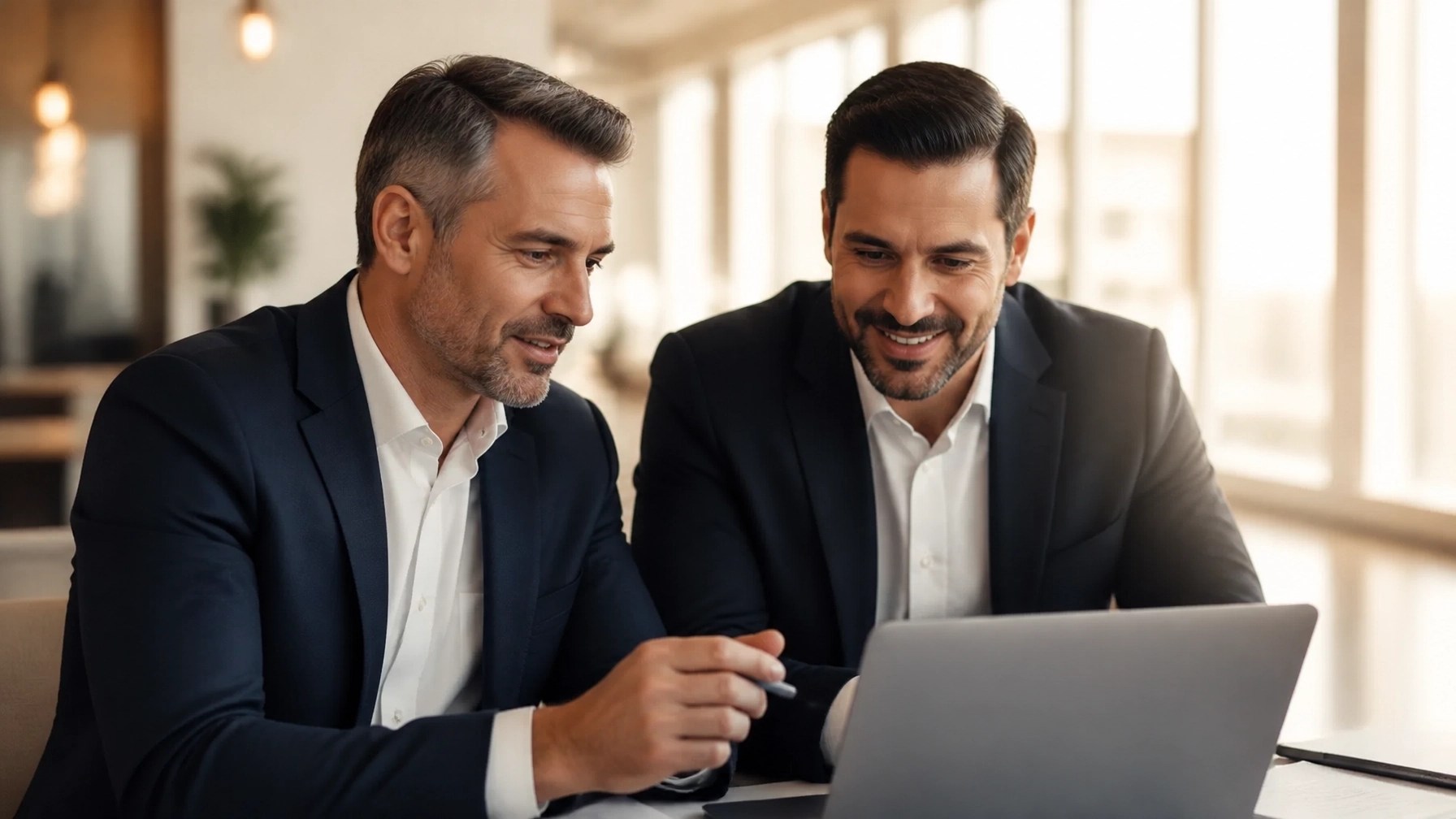 Business colleagues in a collaborative discussion over a laptop